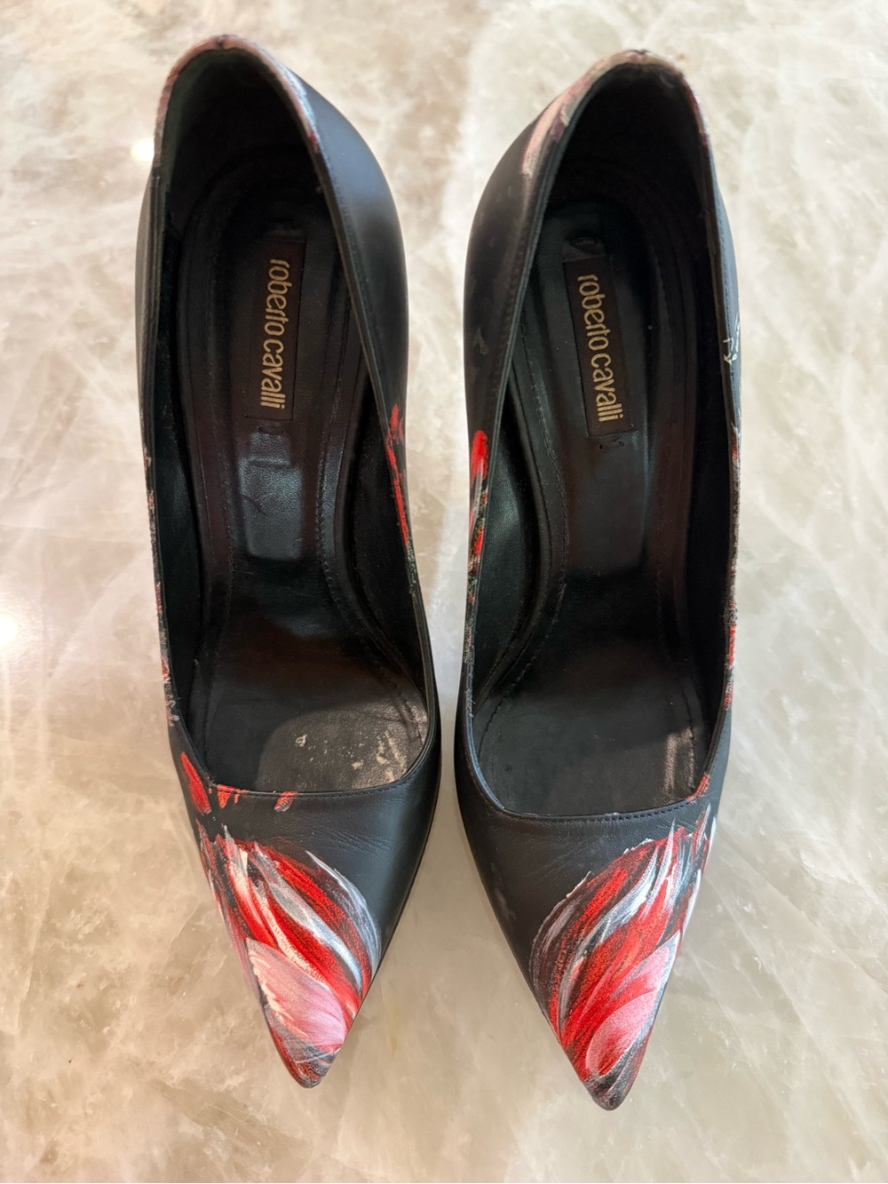 Roberto Cavalli Painted Black Pumps with Red, Green and Blue Floral Accents
